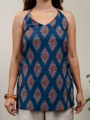Navy Blue Halter Neck Printed Kurti for Women with Red & White Ethnic Motifs - Image 3