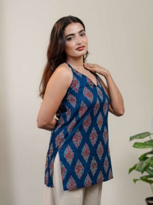 Navy Blue Halter Neck Printed Kurti for Women with Red & White Ethnic Motifs - Image 5