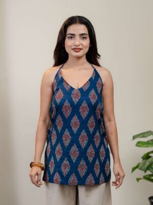 Navy Blue Halter Neck Printed Kurti for Women with Red & White Ethnic Motifs - Image 6