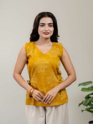 Alternative view of Mustard Yellow Sleeveless Kurti for Women with V-Neck & Side Tie-Up Detail