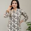 Ivory Floral Printed Kurti for Women with Round Neck & Three-Quarter Sleeves