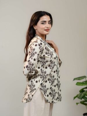 Ivory Floral Printed Kurti for Women with Round Neck & Three-Quarter Sleeves - Image 3