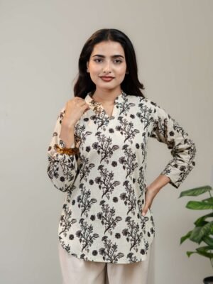Ivory Floral Printed Kurti for Women with Round Neck & Three-Quarter Sleeves - Image 4