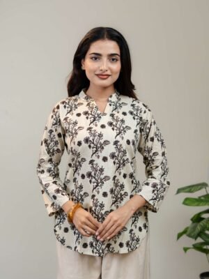 Ivory Floral Printed Kurti for Women with Round Neck & Three-Quarter Sleeves - Image 5
