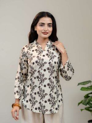 Ivory Floral Printed Kurti for Women with Round Neck & Three-Quarter Sleeves - Image 6