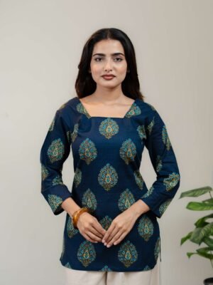 Alternative view of Navy Blue Printed Kurti for Women with Square Neck & Lace-Up Back