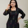Black Floral Printed Kurti for Women with Square Neck & Three-Quarter Sleeves