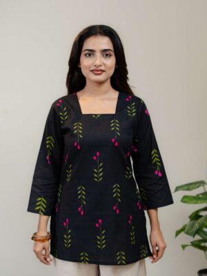 Alternative view of Black Floral Printed Kurti for Women with Square Neck & Three-Quarter Sleeves