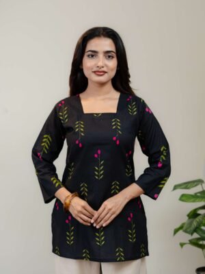 Black Floral Printed Kurti for Women with Square Neck & Three-Quarter Sleeves - Image 3