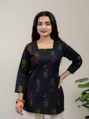 Black Floral Printed Kurti for Women with Square Neck & Three-Quarter Sleeves - Image 4