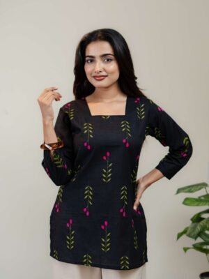 Black Floral Printed Kurti for Women with Square Neck & Three-Quarter Sleeves - Image 5