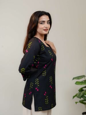 Black Floral Printed Kurti for Women with Square Neck & Three-Quarter Sleeves - Image 6
