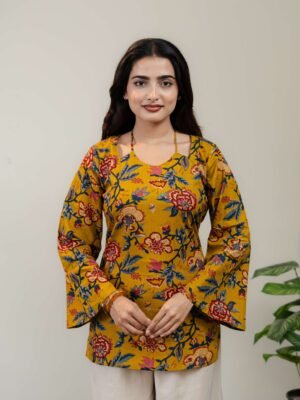 Alternative view of Mustard Yellow Floral Printed Kurti for Women with Square Neck & Lace-Up Back