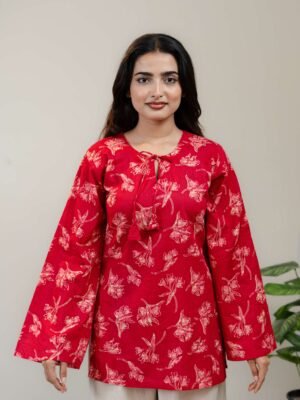 Alternative view of Red Floral Printed Kurti for Women with Front Tie-Up Neck & Flared Sleeves
