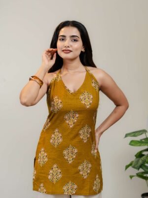Mustard Yellow Halter Neck Printed Kurti for Women with Lace-Up Back