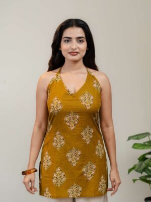 Alternative view of Mustard Yellow Halter Neck Printed Kurti for Women with Lace-Up Back