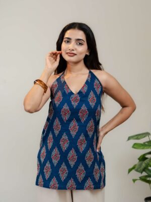 Navy Blue Halter Neck Printed Kurti for Women with Red & White Ethnic Motifs - Image 7