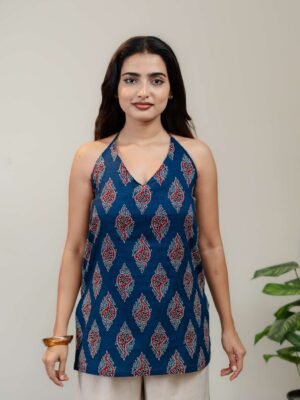 Navy Blue Halter Neck Printed Kurti for Women with Red & White Ethnic Motifs - Image 8