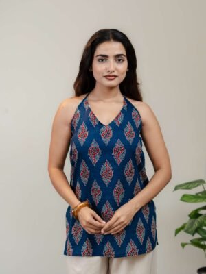 Navy Blue Halter Neck Printed Kurti for Women with Red & White Ethnic Motifs - Image 9