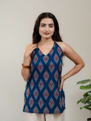 Navy Blue Halter Neck Printed Kurti for Women with Red & White Ethnic Motifs - Image 10