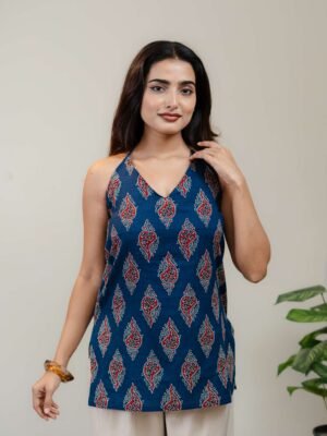 Navy Blue Halter Neck Printed Kurti for Women with Red & White Ethnic Motifs - Image 11