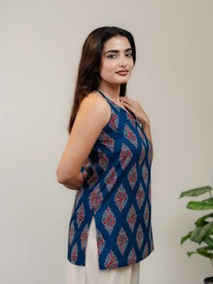 Navy Blue Halter Neck Printed Kurti for Women with Red & White Ethnic Motifs - Image 12
