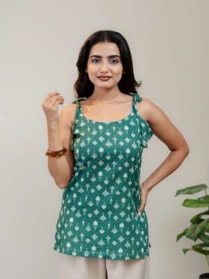 Emerald Green Floral Printed Sleeveless Kurti for Women with Tie-Up Straps - Image 3