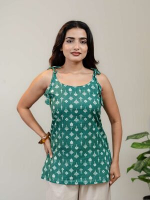 Emerald Green Floral Printed Sleeveless Kurti for Women with Tie-Up Straps - Image 5