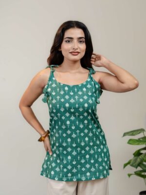 Emerald Green Floral Printed Sleeveless Kurti for Women with Tie-Up Straps - Image 6