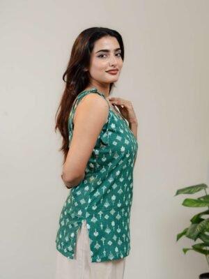 Emerald Green Floral Printed Sleeveless Kurti for Women with Tie-Up Straps - Image 7