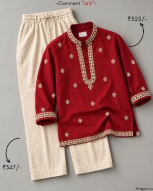 Royal Red Embroidered Kurta & Ivory Pants Festive Co-Ord Set