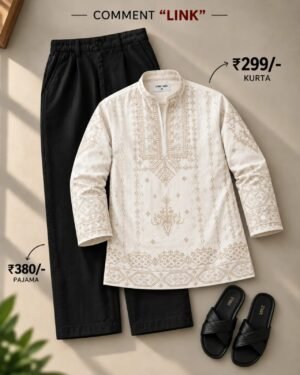 Ivory Embroidered Kurta & Black Pajama Ethnic Co-Ord Set