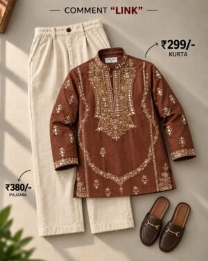 Men’s Brown Embroidered Kurta with Cream Pajama Set