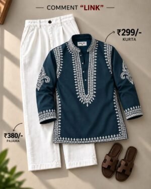 Men’s Embroidered Kurta with White Pajama Set
