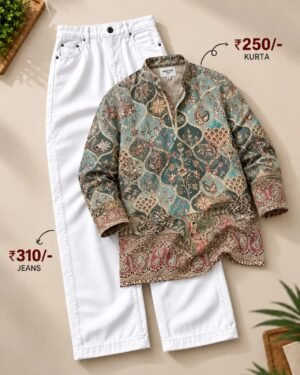 Men’s Printed Kurta with White Jeans Set