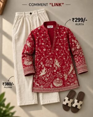 Men’s Red Floral Printed Kurta with Cream Pajama Set