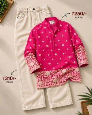 Men’s Pink Printed Kurta with Cream Jeans Set