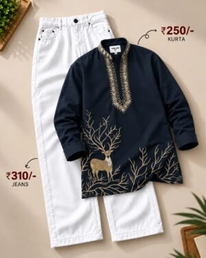 Men’s Navy Blue Embroidered Kurta with White Jeans Set