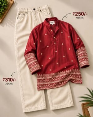 Men’s Red Printed Kurta with Cream Jeans Set