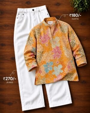 Men’s Yellow Floral Printed Kurta with White Jeans Set