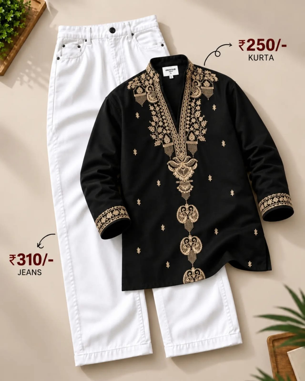 Menβs Black Embroidered Kurta with White Jeans Set