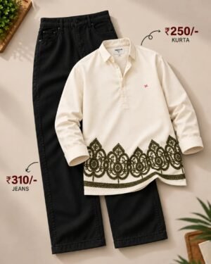 Men’s Cream Printed Kurta with Black Jeans Set