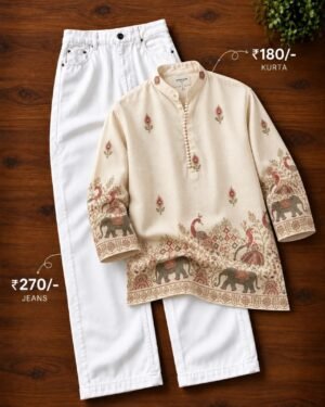Men’s Cream Printed Kurta with White Jeans Set