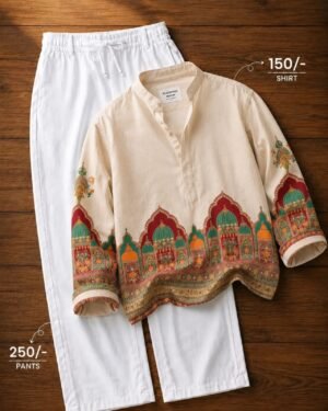 Men’s Cream Ethnic Printed Shirt with White Pants Set