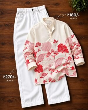 Men’s Cream Floral Printed Kurta with White Jeans Set