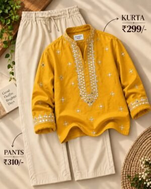 Men’s Mustard Yellow Embroidered Kurta with Cream Pants Set