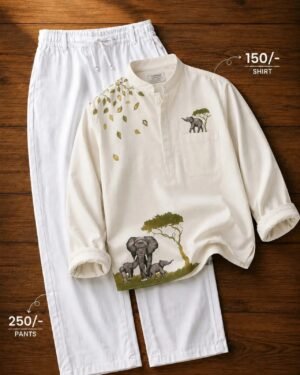 Men’s White Elephant Printed Kurta with White Pants Set