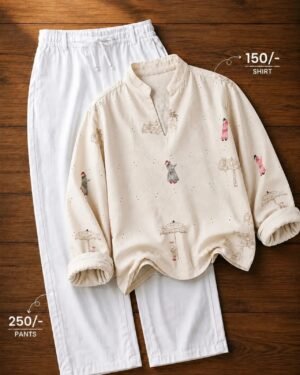 Men’s Cream Printed Kurta with White Pants Set