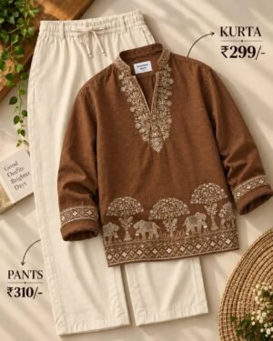 Men’s Brown Embroidered Kurta with Cream Pants Set