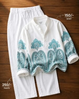 Men’s White Printed Kurta with White Pants Set